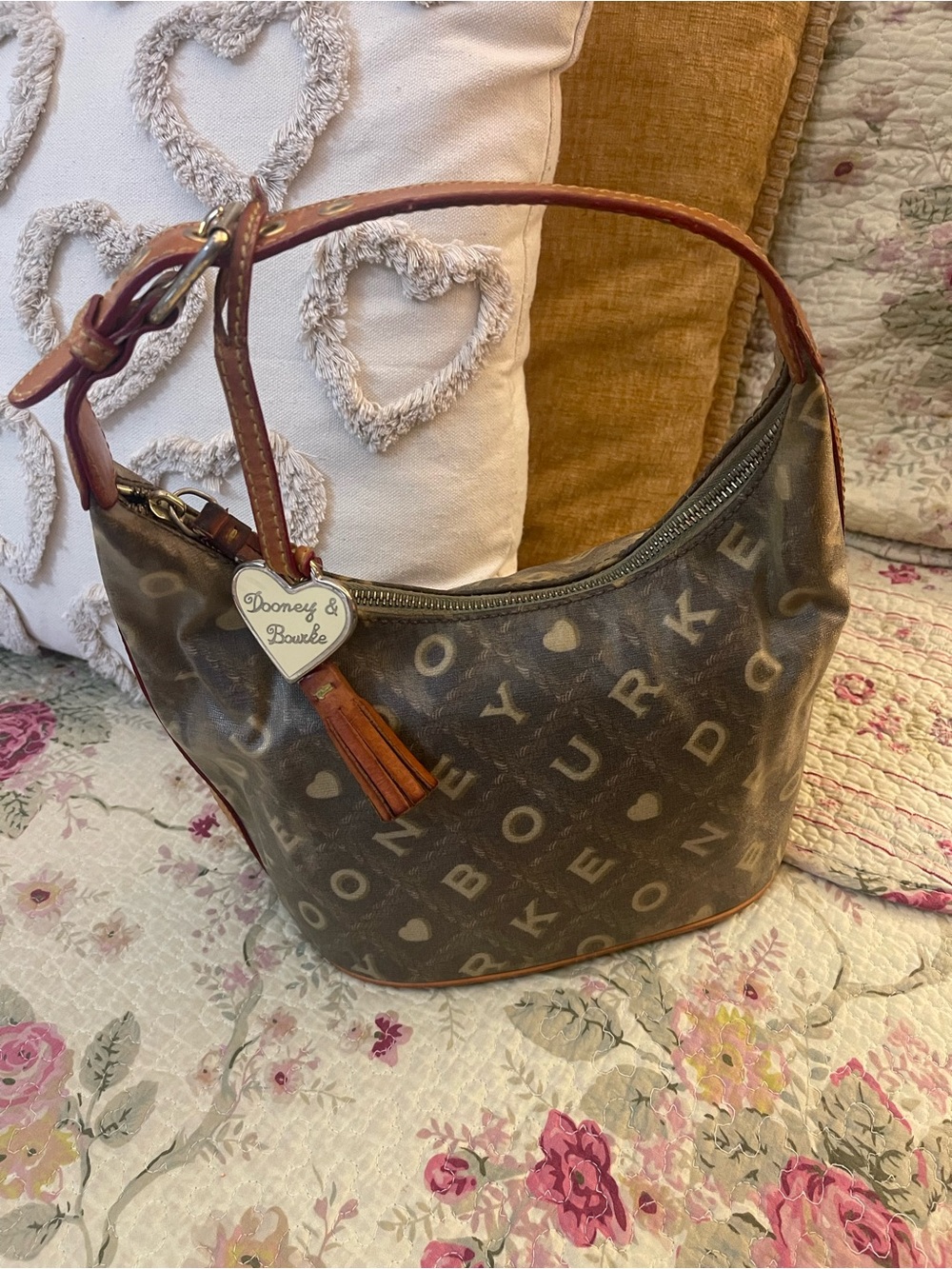 Dooney & Bourke Brown Logo Hobo with Leather Tassel